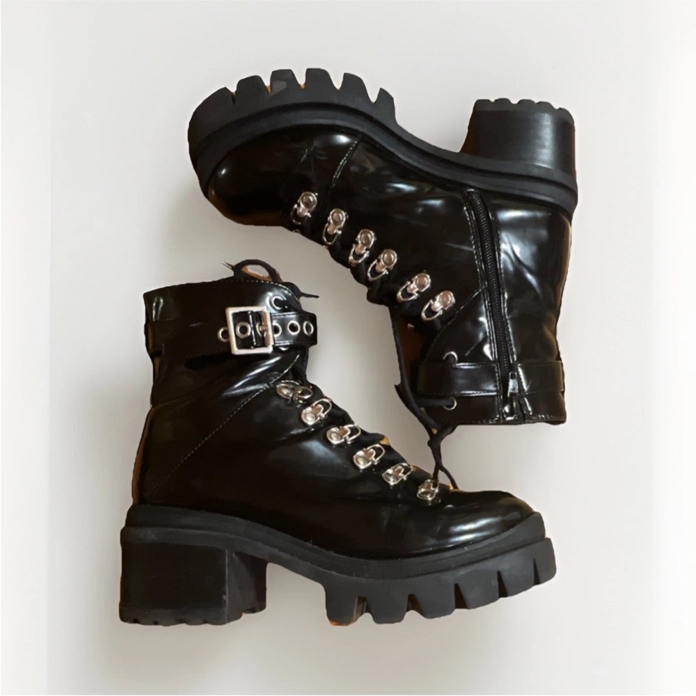 Jeffrey Campbell Czech Black Combat Boots Buckle Lace Up Synthetic Women 7
